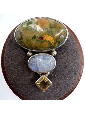 VTG Sterling Silver 925 Ocean Jasper Moonstone Citrine Pendant Size 1.25" Length